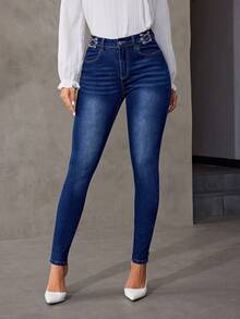 SHEIN Privé Slim Fit Denim Jeans - Dark Wash - View 5
