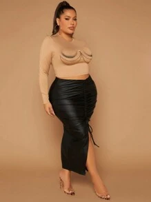 SHEIN SXY 大碼抽繩高衩PU皮革半身裙 - 黑色 - 查看 5