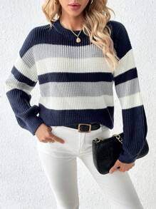 SHEIN LUNE 女款落肩條紋毛衣 - 彩色 - 查看 3