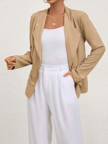 SHEIN Privé 女款定身夾克,大翻領設計,具有拉鍊 - 杏色 - 查看 3