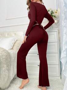 撞色卷边交叉裹身上衣和喇叭裤睡衣套装 - 酒紅色 - 查看 2