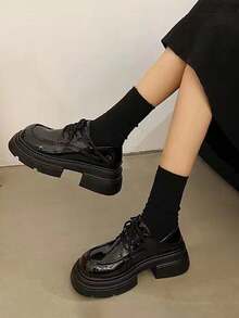 瑪莉珍女鞋秋季新款厚底英倫風小皮鞋時尚潮流繫帶平跟樂福鞋女厚底單鞋 - 黑色 - 查看 4