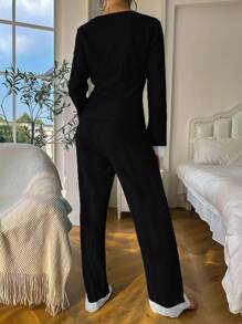 SHEIN Women's Lace Splicing V-Neck Sleepwear Set Pajama Set - Black - View 2