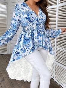 SHEIN Clasi 大碼印花燈籠袖高低下擺襯衫 - 藍白色 - 查看 3
