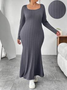 SHEIN Essnce Plus Size Solid Color Scoop Neck Mermaid Hem Dress - Dark Grey - View 1