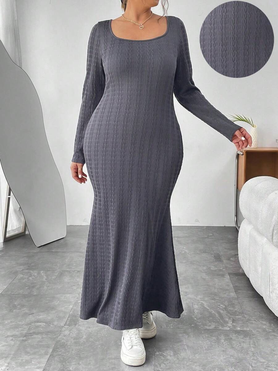 SHEIN Essnce Plus Size Solid Color Scoop Neck Mermaid Hem Dress - Dark Grey - View 1