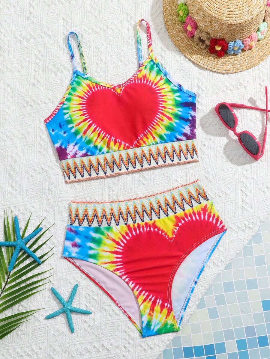 Conjunto de bikini con estampado de corazón tie-dye para niña preadolescente, verano playa - Multicolor - Ver 1