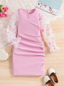 SHEIN Tween Girl Pink Floral Embroidered Mesh Dress - Pink - View 1