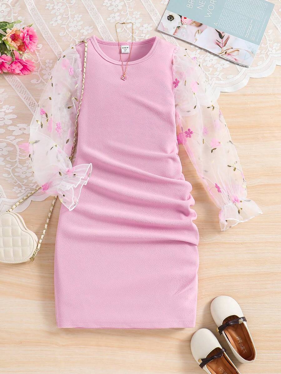 SHEIN Tween Girl Pink Floral Embroidered Mesh Dress - Pink - View 1