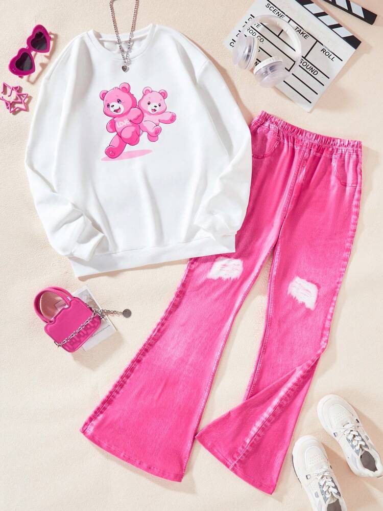 Teenage Girls' Teddy Bear Print Round Neck Sweatshirt And Flared Pants Two Piece Outfit