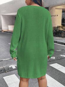 Flirla 大尺碼女式絞花針織毛衣連身裙 - 橄欖綠 - 查看 2