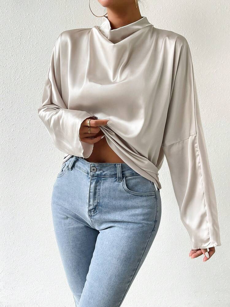 Backless Short Collar Color Satin Long Sleeve Shirt