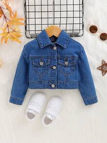 SHEIN Em bé Cô gái Áo khoác denim Với Flap túi ( 1 Miếng ) - Rửa trung bình - Xem 4