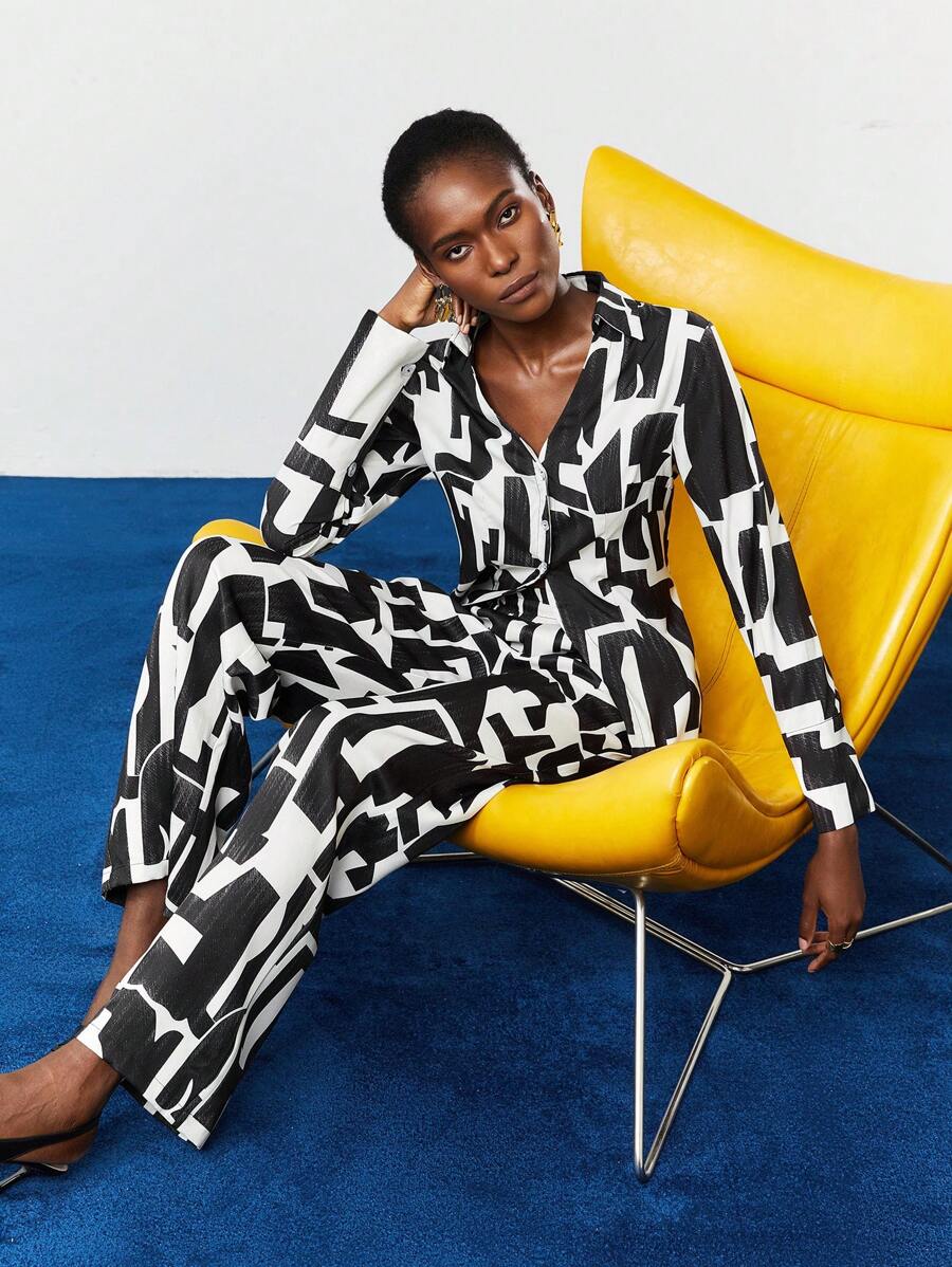 BizChic Ladies' Full Printed Shirt And Long Pants Suit - Multicolor - View 1