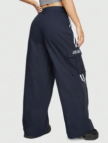 ROMWE Avant Color Block Splicing Alphabet Printed Athletic Pants For Women - Navy Blue - View 5