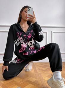 2pcs Women Bear & Star Print Hoodie Sweatshirt And Sweatpants Set, Autumn - Black - View 4