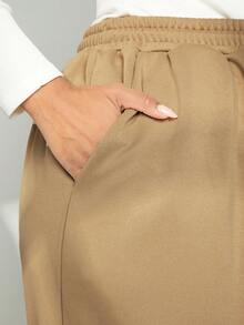 SHEIN CURVE+ 大尺碼女款抽繩腰部及翻邊下擺運動褲 - 駝色 - 查看 5