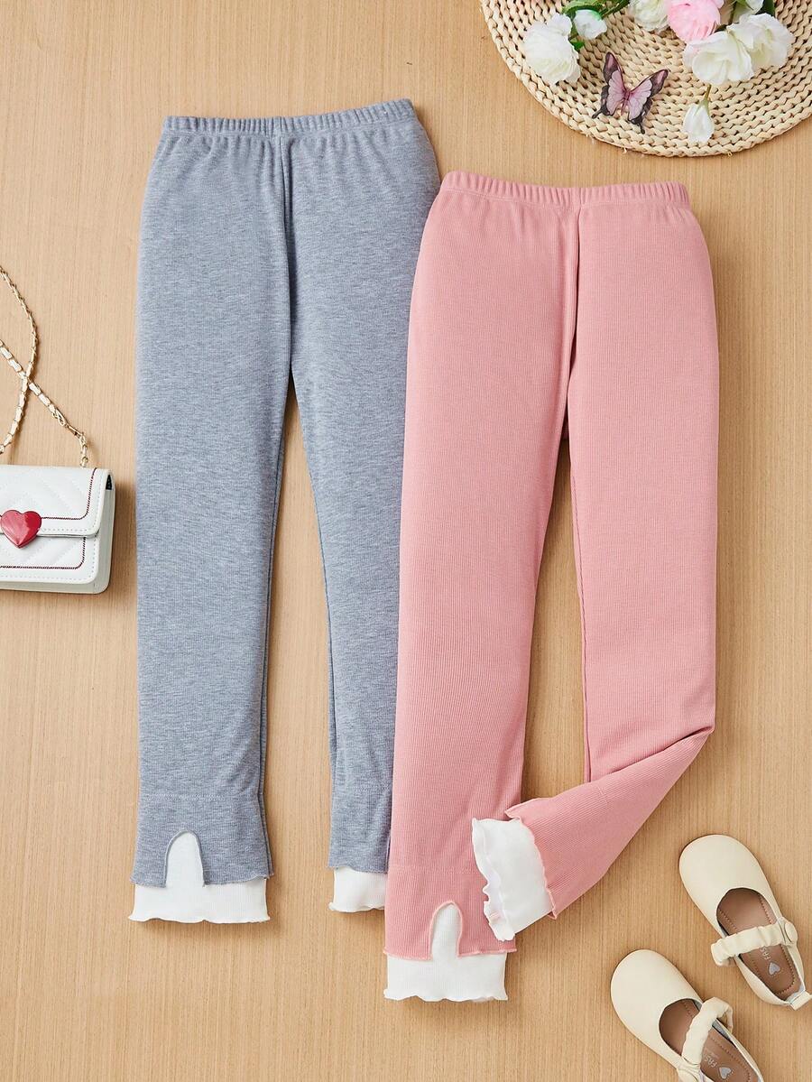 SHEIN Tween Girls' Knitted Plain Leggings Set For Casual Wear, 2pcs - Multicolor - View 1