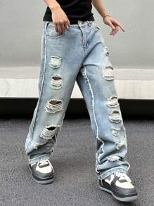 Manfinity EMRG 男士磨邊&磨損細節漂色牛仔褲 - 藍色 - 查看 3