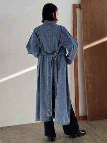 FRIFUL Women's Long Denim Jacket With Waist Belt