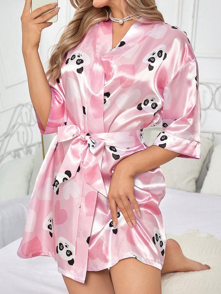 ladies panda dressing gown Miss Vinta Ladies' Cartoon Printed Bathrobe Luxeloungewear, Fall, Winter style_slit