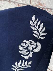 SHEIN LUNE Flower Embroidery Notch Collar Lantern Sleeve Blouse