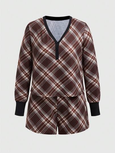Ladies' Vintage Brown Plaid Long Sleeve Pajamas Set