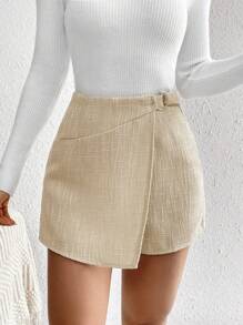 SHEIN Privé Váy ngắn hở gấu bất đối xứng khóa kim loại cho nữ - Màu be - Xem 1