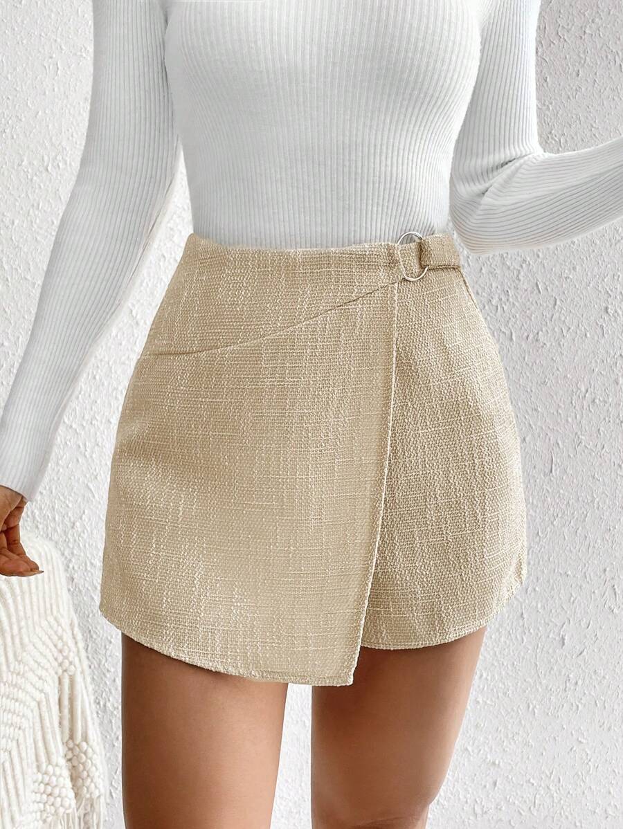 SHEIN Privé Váy ngắn hở gấu bất đối xứng khóa kim loại cho nữ - Màu be - Xem 1