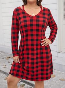 SHEIN LUNE 女式加大码红色格纹不对称领口连衣裙 - 彩色 - 查看 5