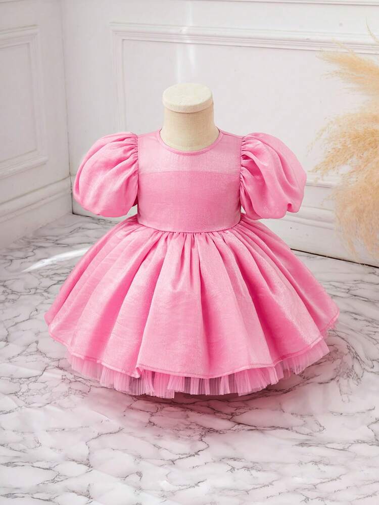 Baby Girls' Elegant Pink Satin Bubble Short Sleeve Dress With Bow And Tulle