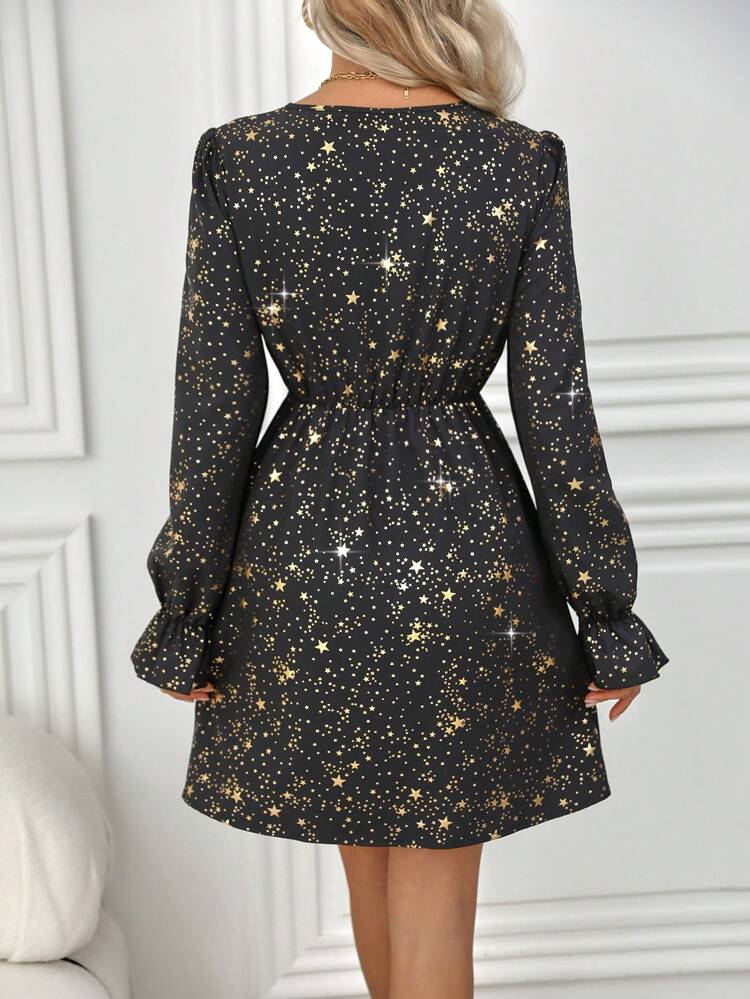 Foil Print Star Pattern V-Neck Empire Waist Dress Fall Cloth For Women
