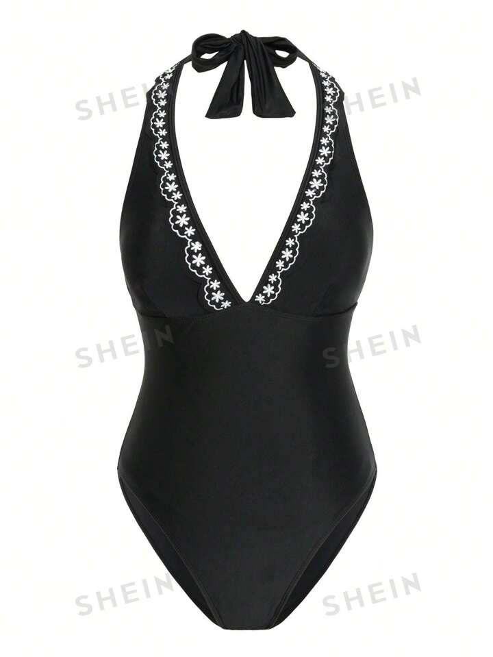 SHEIN Swim Flower Embroidered Halterneck One piece Swimsuit With Openback Design for Sale Australia New Collection Online SHEIN Australia