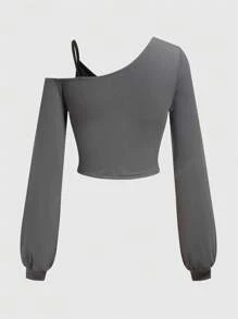 ROMWE Grunge Punk Asymmetrical Shoulder Skull Printed Long Sleeve T-Shirt - Grey - View 2