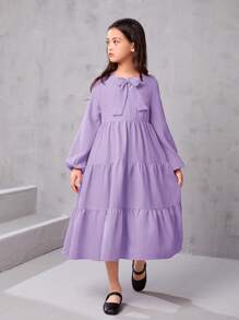 SHEIN Tween Girl dáng rộng phong cách cổ điển Đầm dài tay cổ nơ cổ chữ A - Màu tím - Xem 1