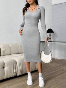 SHEIN Unity Của phụ nữ Collared Tay áo dài Đầm Áo len - Xám - Xem 3