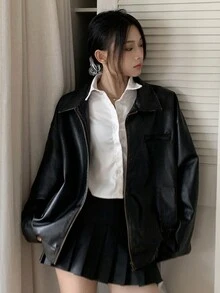 女士时尚黑色街头风格夹克，适合春秋季节 - 黑色 - 查看 4