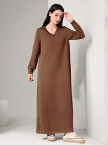 Mulvari 文字圖案v領長袖衛衣連身裙 - 咖啡棕 - 查看 1