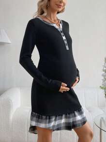SHEIN Vestido ajustado con escote entallado y manga larga con abertura para mujeres embarazadas - Negro - Ver 6
