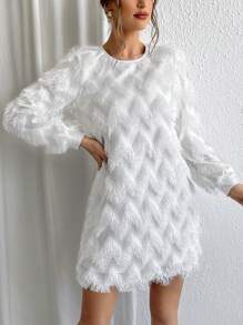 SHEIN Privé Của phụ nữ Viền tua Tay áo dài Đầm - trắng - Xem 3