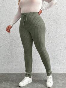 Calvaya Plus Size Skinny Ribbed Drawstring Waist Leggings - Army Green - View 3