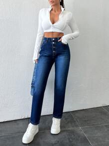 SHEIN Cottnline Women's Straight Leg Denim Jeans With Button Fly - Dark Wash - View 1