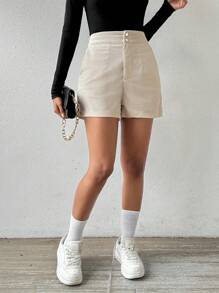 SHEIN Pantalones Cortos De Pana De Color Liso - Albaricoque - Ver 3