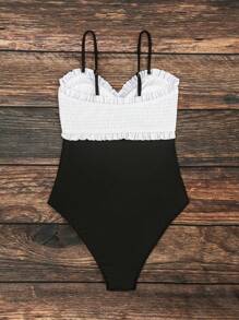 SHEIN Swim 夏季女士拼色连体泳衣，胸前有蝴蝶结和褶饰婚礼 - 黑與白 - 查看 4