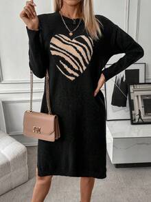 SHEIN LUNE Women's Zebra Pattern Heart Shaped Round Neck Casual Sweater Dress - Black - View 3