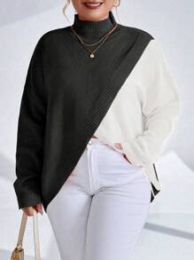 SHEIN Unity 大码女式不对称下摆撞色针织套头衫秋冬毛衣 - 黑與白 - 查看 6