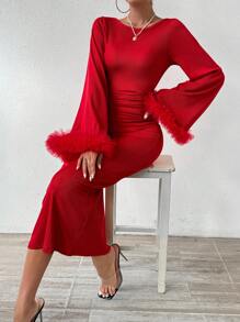 Chiquease 女式荷叶边下摆紧身连衣裙，喇叭袖，褶皱，长款女装 - 紅色 - 查看 6