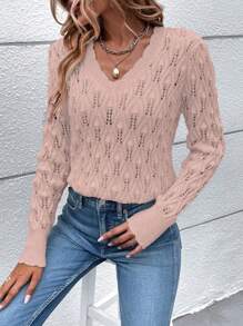 SHEIN Frenchy Của phụ nữ Màu thuần Lưới Áo len dệt kim Với Cạnh sò điệp Chi tiết - Hồng - Xem 5