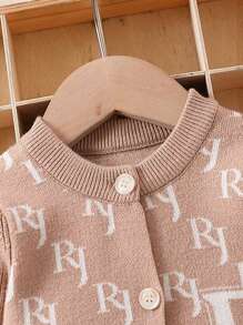 Infant Boy's Letter Patterned Cardigan With Round Collar - Khaki - View 4