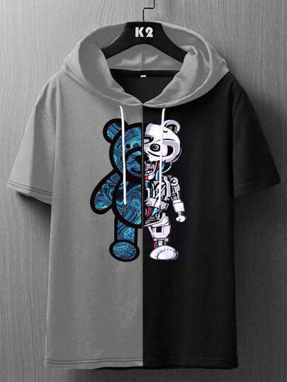 Manfinity Homme 男士撞色小熊印花抽繩連帽T恤